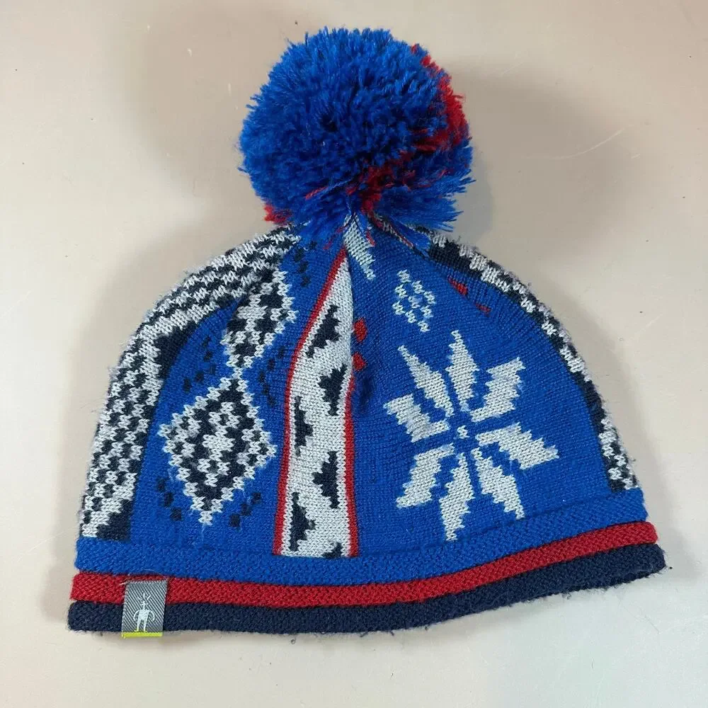 Smartwool Kids Snowflake Beanie Pom Winter Hat Merino Wool Youth Boys Blue Red